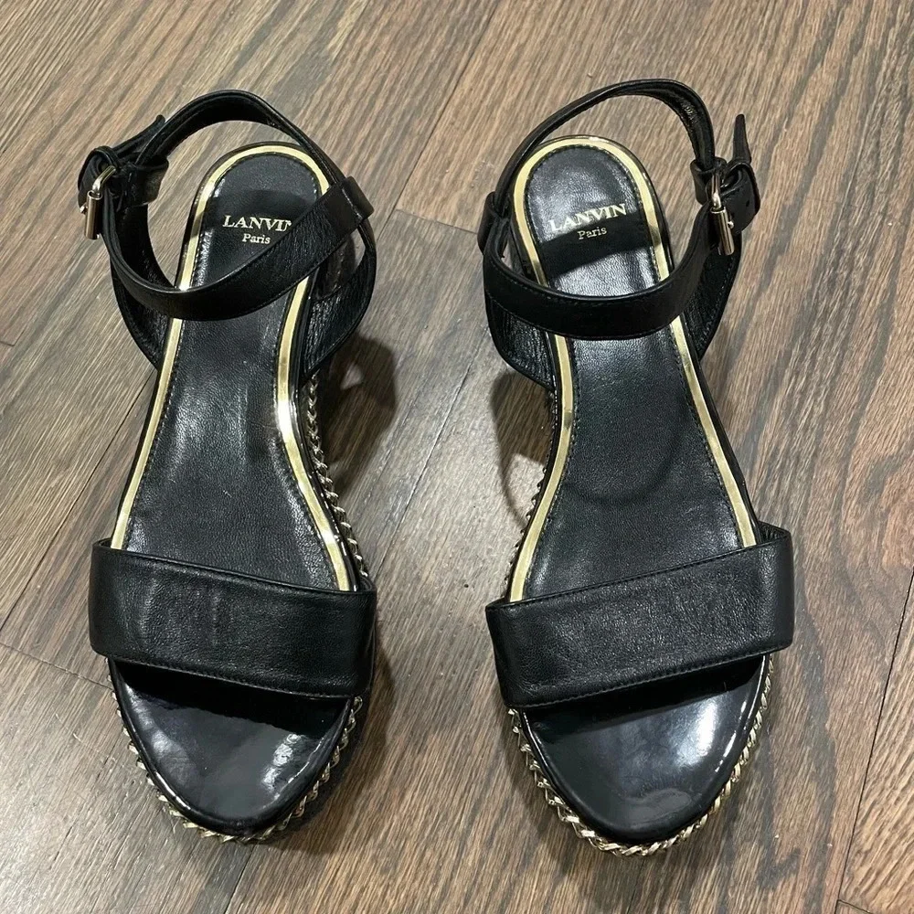 Lanvin Paris Black Leather Espadrille Flatform Sandal size EU 36 with gold chain